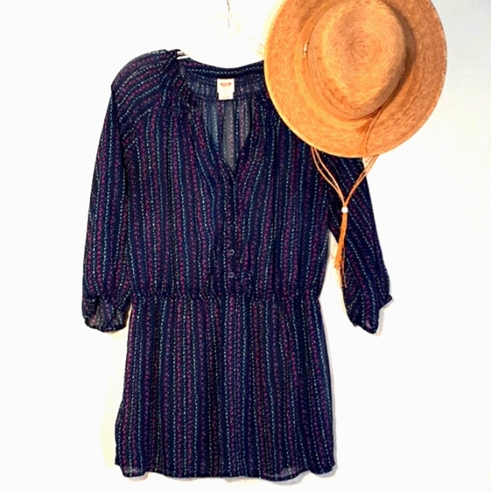 MOSSIMO Floral Striped Sheer Tunic Top - Navy Blue and Pink